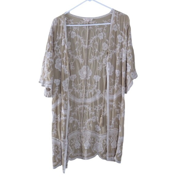 Solitaire Sweaters - Solitaire L Ivory Embroidered Kimono Floral Crochet Boho Duster Cardigan Coverup